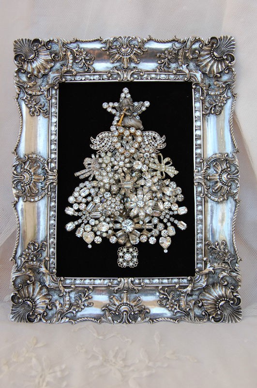 a refined brooch Christmas tree with beads and rhinestones in an embellished silver frame won't take floor space and will be gorgeous