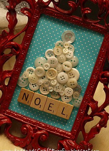a cute Christmas tree art made of buttons, scrabble letters and a refined red frame is a cute vintage idea