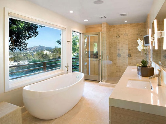 a beige, taupe and white bathroom with a large window for the views, potted blooms and various types of tiles