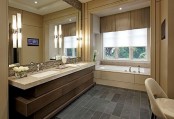 a taupe, brown, grey and creamy bathroom with a sculptural vanity, layered curtains and a large mirror