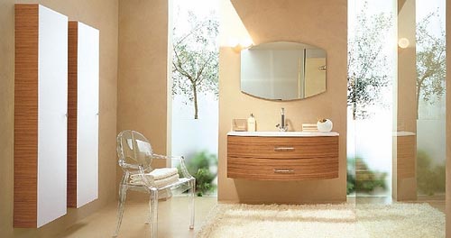 a taupe bathroom with rich-colored wood items, greenery in the shower and an acrylic chair