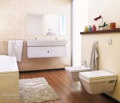 a beige and creamy bathroom with a rich-colored woodem floor, off-white appliances