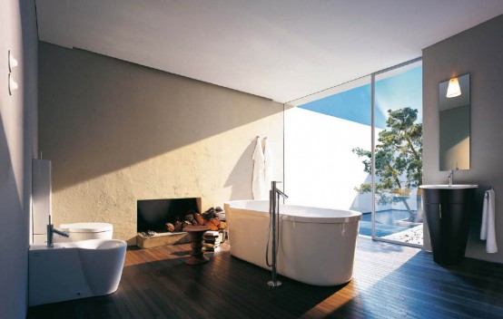 a taupe and white bathroom with a rich-colored wooden floor, white and black appliances and a large window