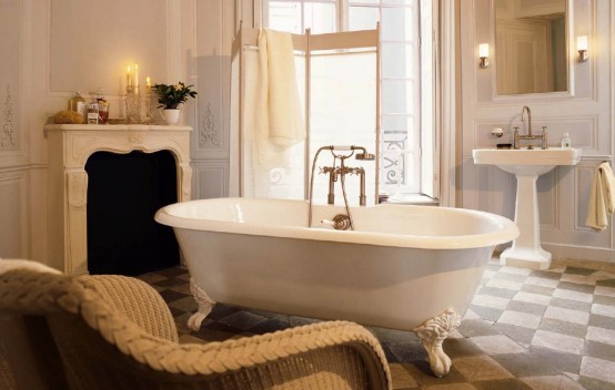 a beige and taupe bathroom mixed with creamy shades and with vintage refined items