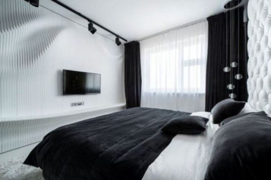 Black And White Bedroom Featuring A Sculptural Wavy Wall