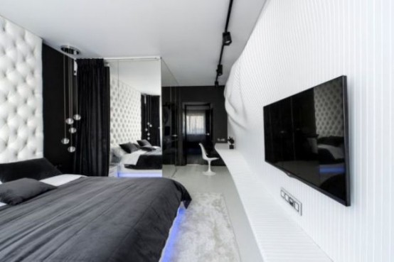 Black And White Bedroom Featuring A Sculptural Wavy Wall