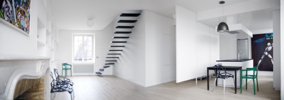 Black and White Flat Interior Design With Amazing Steel Staircase
