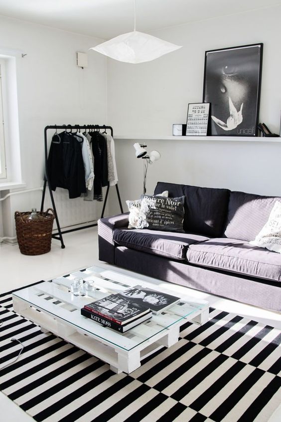 black and white loft with this awesome rug