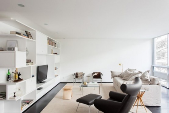 Black And White Minimalist Apartment With Warm Wood Inserts