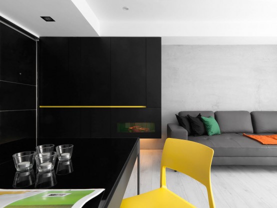 Black And White Minimalist Apartment With Pops Of Yellow