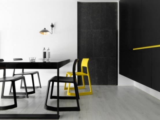 Black And White Minimalist Apartment With Pops Of Yellow