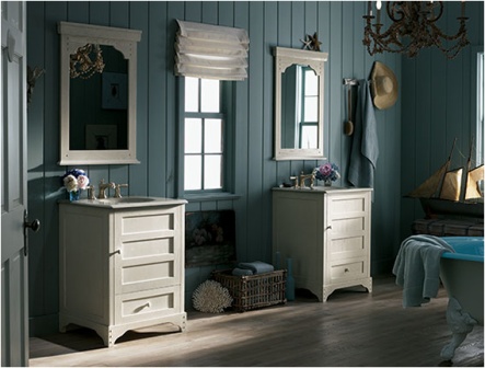 pale turquoise beadboard walls and a clawfoot bathtub with a turquoise bottom