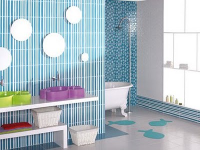 a modern bright blue bathroom with catchy mirrors and colorful sinks for kids