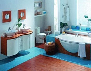 a bright blue, brown and white bathroom for a contemporary look and brightness