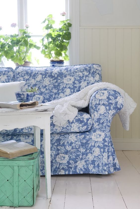 blue floral print Ektorp sofa
