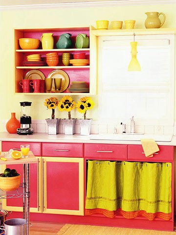a bright kitchen in pink and neon yellow in retro style looks sunny and cheerful and raises the mood