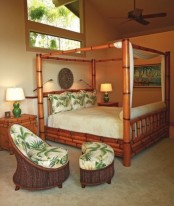bamboo and wicker furniture, tropical printed textiles, unique art on the walls for a tropical feel