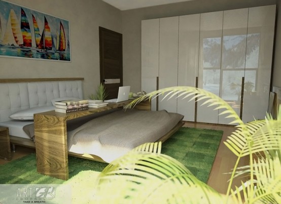 a green carpet, sleek wooden furniture, a potted palm tree for a contemporary tropical bedroom