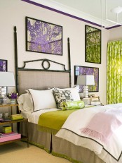 touches of pistachio green and purple make the bedroom bright, and corla artworks add a tropical feel