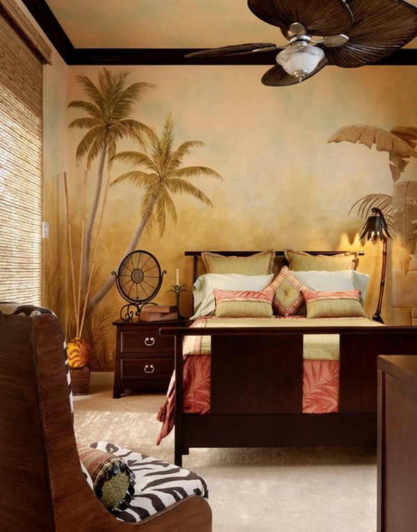 a palm wall mural, dark stained furniture and animal print textiles make the space feel like a tropical one