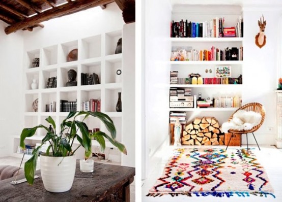 built-in shelves by the fireplace and just in the living room are a cool idea to save some space and place books there