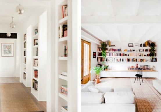 a corridor with built-in shelves is great for storing books and a living room wall with long shelves to save some space