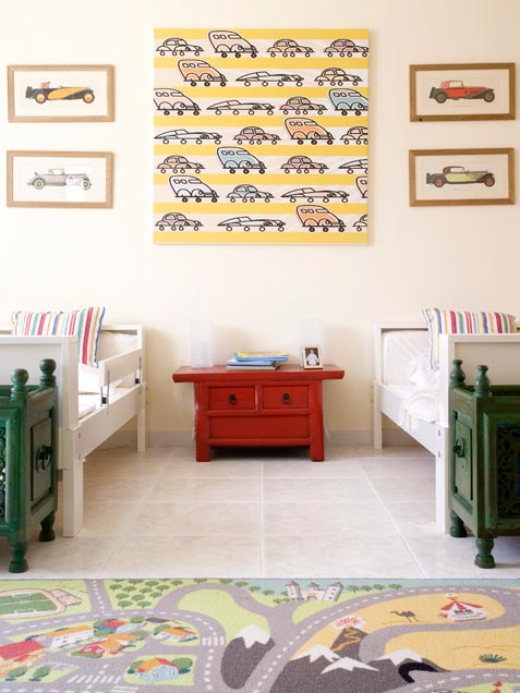 Quite simple retro racing car themed bedroom for two.
