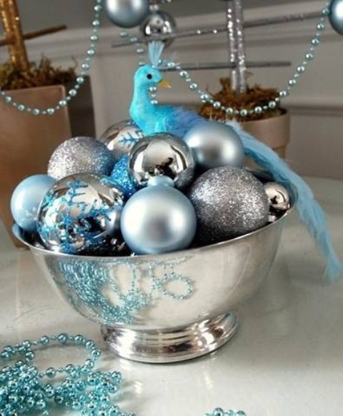a silver bowl with silver and tiffany blue ornaments plus a tiny blue bird on top is a lovely Christmas centerpiece or decoration