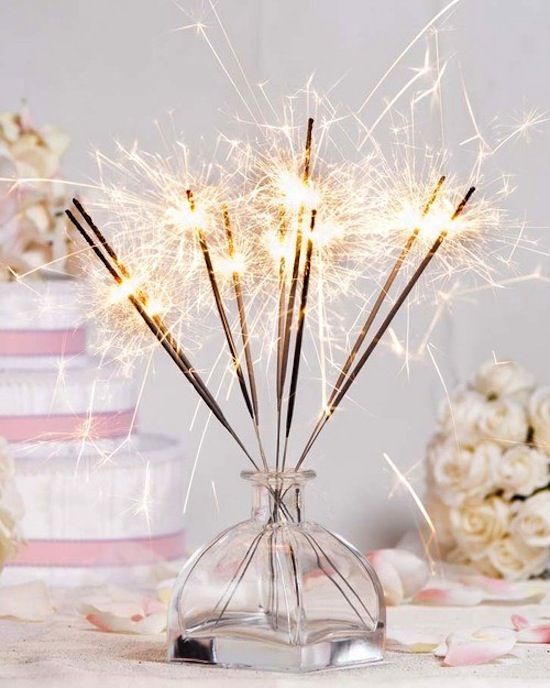 a glass vase with sparklers is a cool decor idea for a NYE party, light them up when it's 12 o'clock