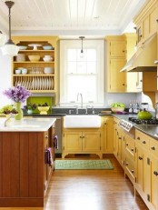 a buttermilk yellow vintage kitchen with black stone countertops and green touches and a rug for a bolder look