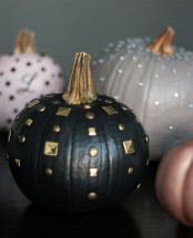 glam bejeweled pumpkins in grey, black and blush and with studs and beads are lovely and easy decorations to rock