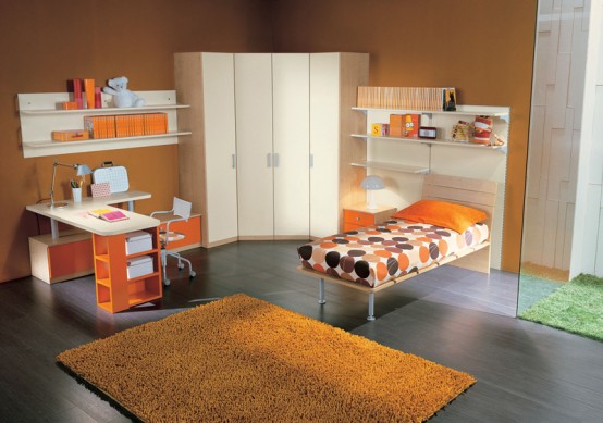 a rust teen bedroom with white furniture that is a bed, a wardrobe, a desk and a shelf, some bright orange touches and a bold orange rug