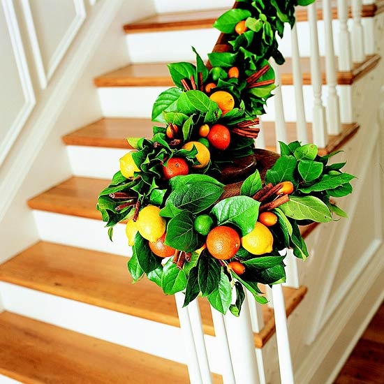 Old-fashioned ice skates add a frosty touch to the traditional evergreen garland.