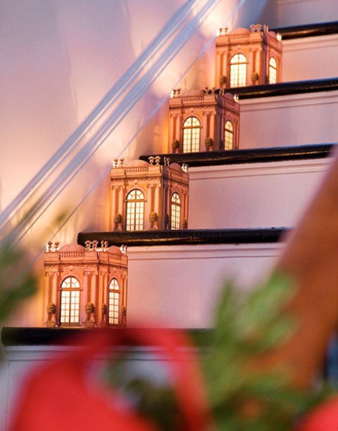 Architectural paper lanterns add traditional charm to the staircase. 