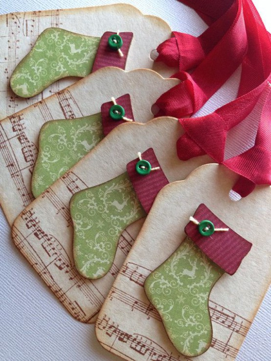 Christmas gift tags with little stockings and red ribbons are a great idea for any Christmas party, make some yourself
