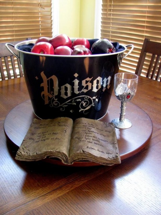 a cauldron with poisoned apples done in black and red is a pretty centerpiece or way to style your fruits