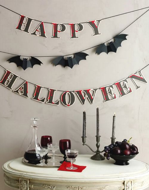 bats and bloody letters banners, dark fruit and burgundy goblets for styling your table for Halloween