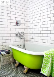 Clean White Bathroom With Limegreen Bathtub