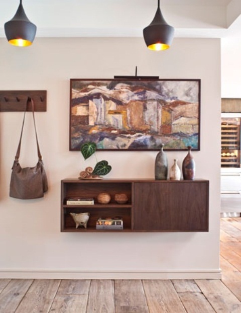 Hanging sideboard is perfect minimalist lightweight solution.