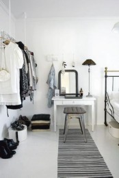 a makeshift closet is a very cool idea for a bedroom, you may show off your clothes and shoes making them part of decor and it doesn’t look bulky