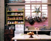 bring a touch of boho to your kitchen using bright porcelain and some accessories