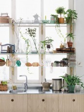 potted greenery adds a fresh and relaxed boho feel to the kitchen