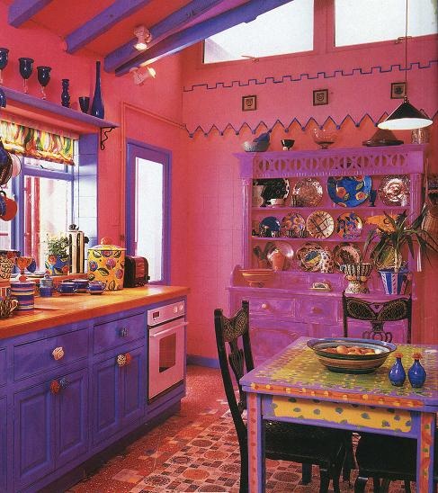 pink walls, a neon pink sideboard and purple cabinets will drive you crazy
