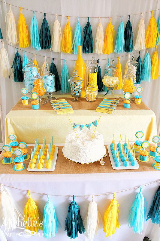 colorful dessert table for a gender neutral baby shower