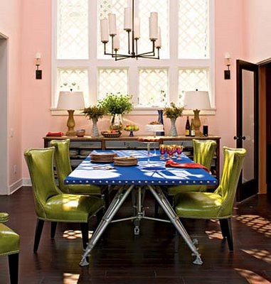 Colorful Dining Room With Green Chairs