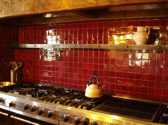 a bold deep red mini tile backsplash is a lovely idea and a touch of color to the space, it will make your space stand out a lot