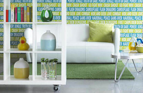 Colorful Living Room With Plain Furniture And Heavily Patterned Wallpaper Colorful Living Room With Plain Furniture And Heavily Patterned Wallpaper