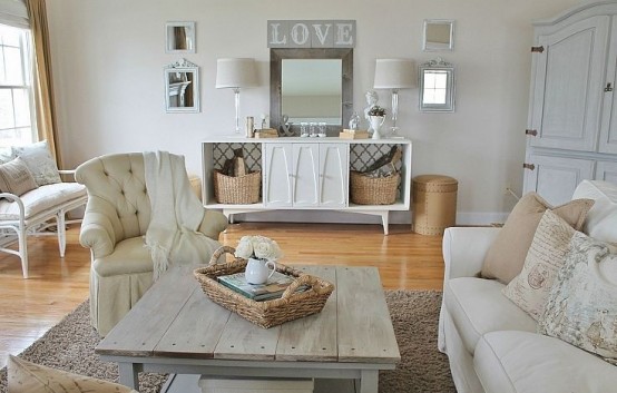 Long-leaf pine floors provide a stunning canvas for weathered, pastel furniture.