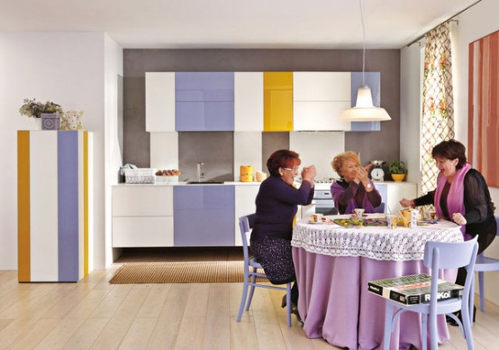 a minimalist yet colorful kitchen with white, mustard and lavender colors, a vintage dining table with a lace cover looks very unusual