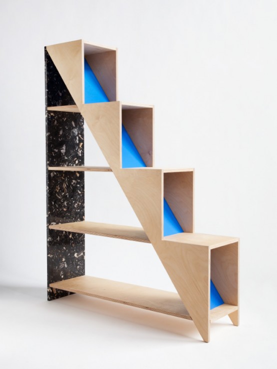 Contrating Hi-Lo Shelving Of Marble And Plywood